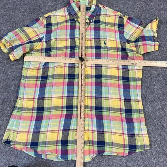 Polo Ralph Lauren Shirt L Blue Plaid 100% Linen Custom Fit Button Down Preppy - Picture 2 of 7